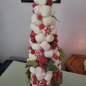 Beautiful Holiday Topiary Marshmallow, Peppermint and Berry Tree